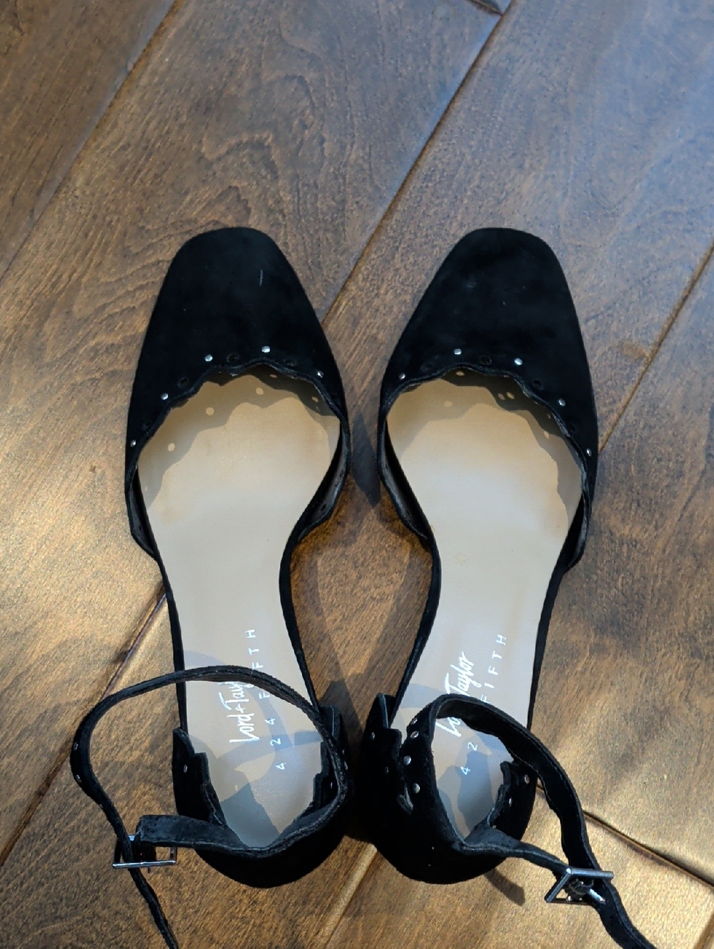 Black Scalloped Suede Ankle-Strap Block Heels By Lord And Taylor